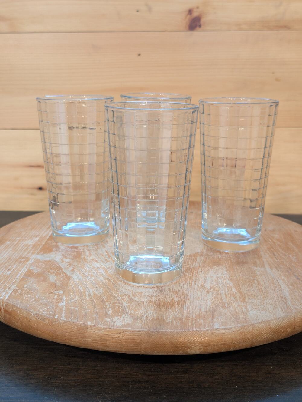 Set of 4 Vintage Pasabahce Doro Cubist Grid Tumblers - 5⅝" Clear Glass
